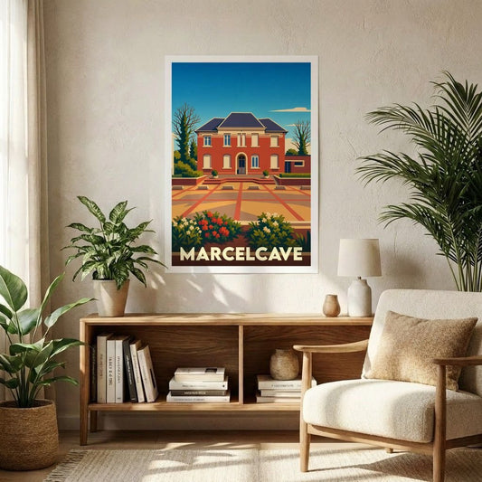 Affiche souvenir de la ville de Marcelcave avec une illustration stylisée.