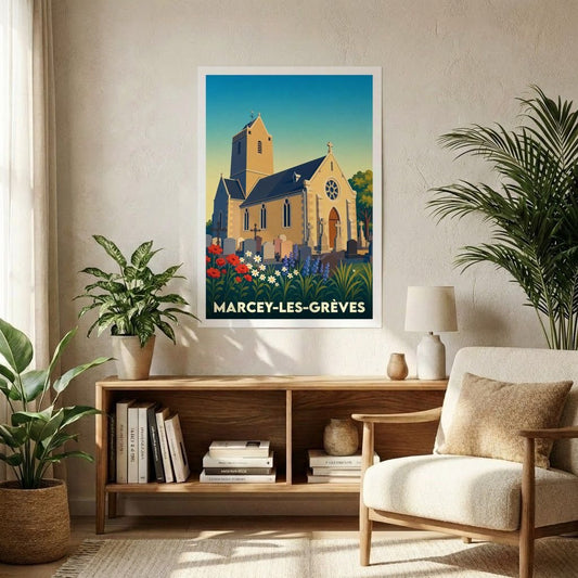 Affiche souvenir de la ville de Marcey-les-Grèves illustrant son église et son cimetière dans un style rétro et coloré.