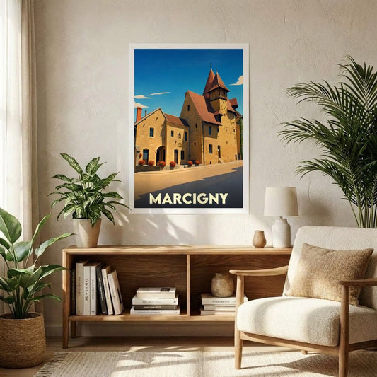 Affiche souvenir de la ville de Marcigny avec une illustration stylisée d'un bâtiment historique sous un ciel bleu.