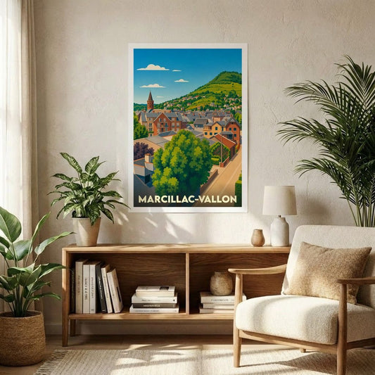 Affiche souvenir de la ville de Marcillac-Vallon avec une illustration stylisée et colorée.
