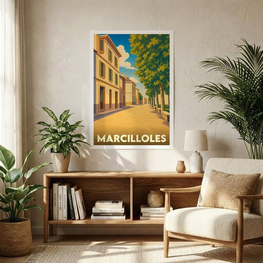 Affiche souvenir de la ville de Marcilloles avec une illustration stylisée d'une rue ensoleillée.