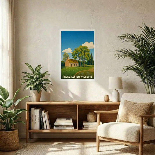 Affiche souvenir de la ville de Marcilly-en-Villette avec une illustration champêtre stylisée.