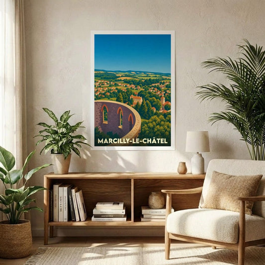 Affiche souvenir de la ville de Marcilly-le-Châtel avec une illustration stylisée d'un paysage vallonné.