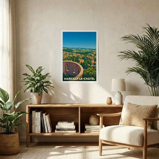 Affiche souvenir de la ville de Marcilly-le-Châtel avec une illustration stylisée de son paysage et de son patrimoine.