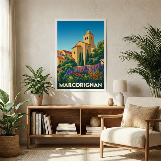 Affiche souvenir de la ville de Marcorignan avec une illustration stylisée d'un clocher et de jardins fleuris.
