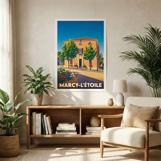 Affiche souvenir de la ville de Marcy-l'Étoile avec une illustration stylisée et colorée.
