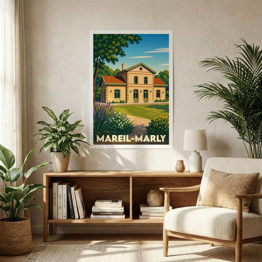 Affiche souvenir de la ville de Mareil-Marly représentant son ancienne gare dans un style graphique rétro.