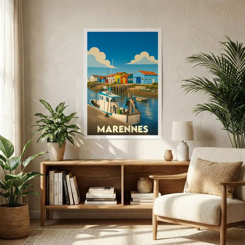 Affiche souvenir de la ville de Marennes représentant son port et ses cabanes colorées dans un style illustré.