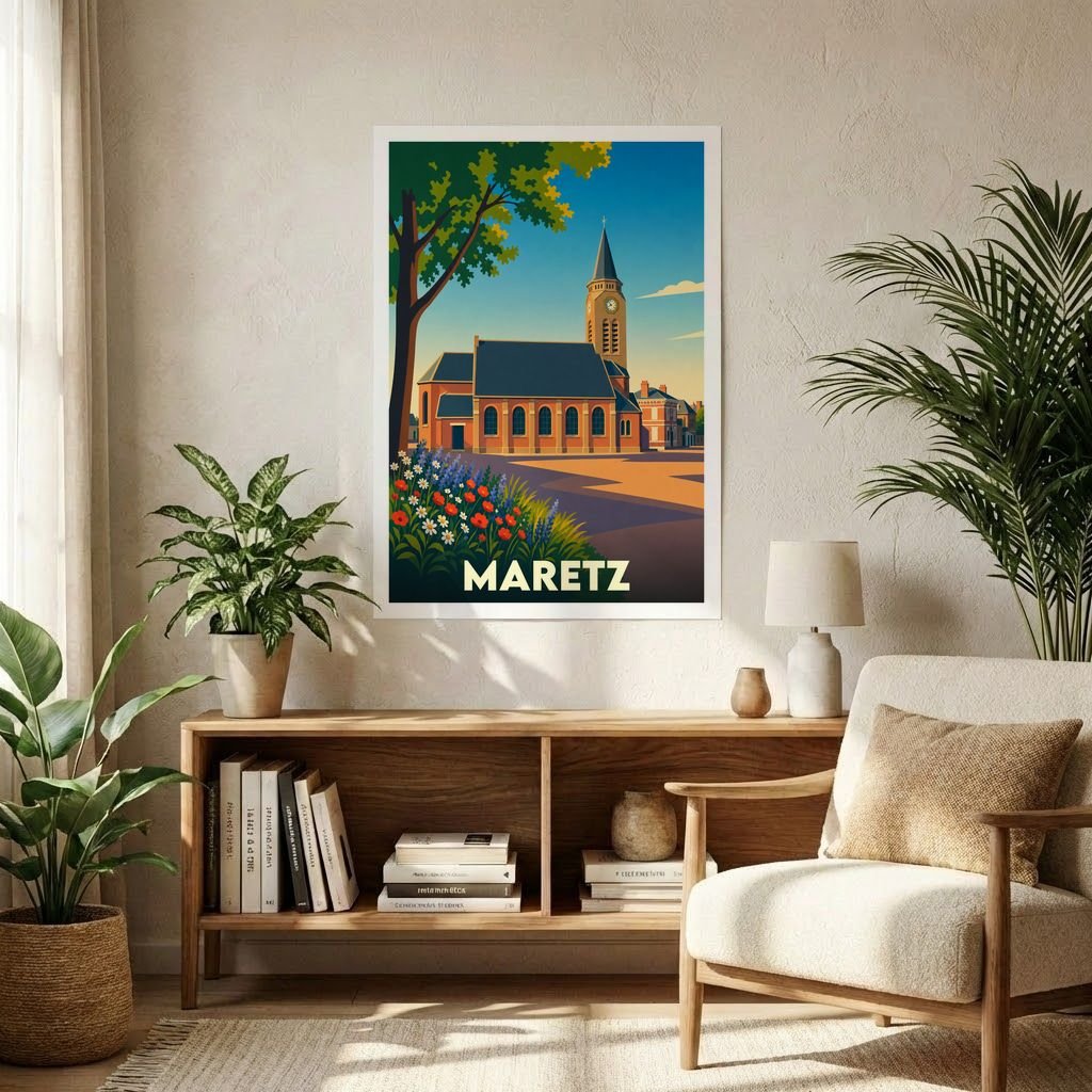 Affiche souvenir de la ville de Maretz avec une illustration stylisée.
