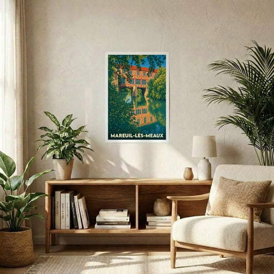 Affiche souvenir de la ville de Mareuil-lès-Meaux avec une illustration stylisée du moulin sur la Marne.
