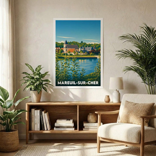 Affiche souvenir de la ville de Mareuil-sur-Cher avec une illustration stylisée.