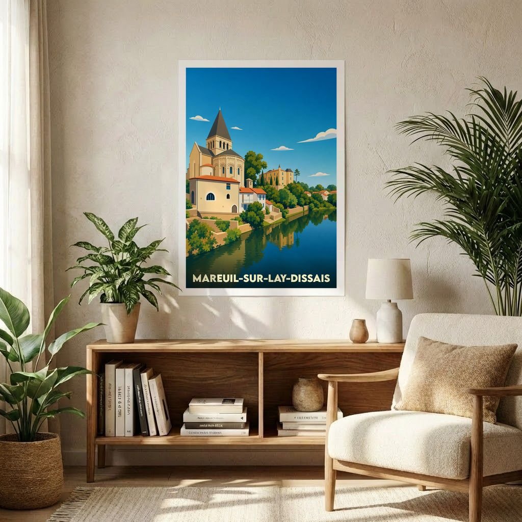 Affiche souvenir de la ville de Mareuil-sur-Lay-Dissais avec une illustration stylisée d'un paysage fluvial et de son église.