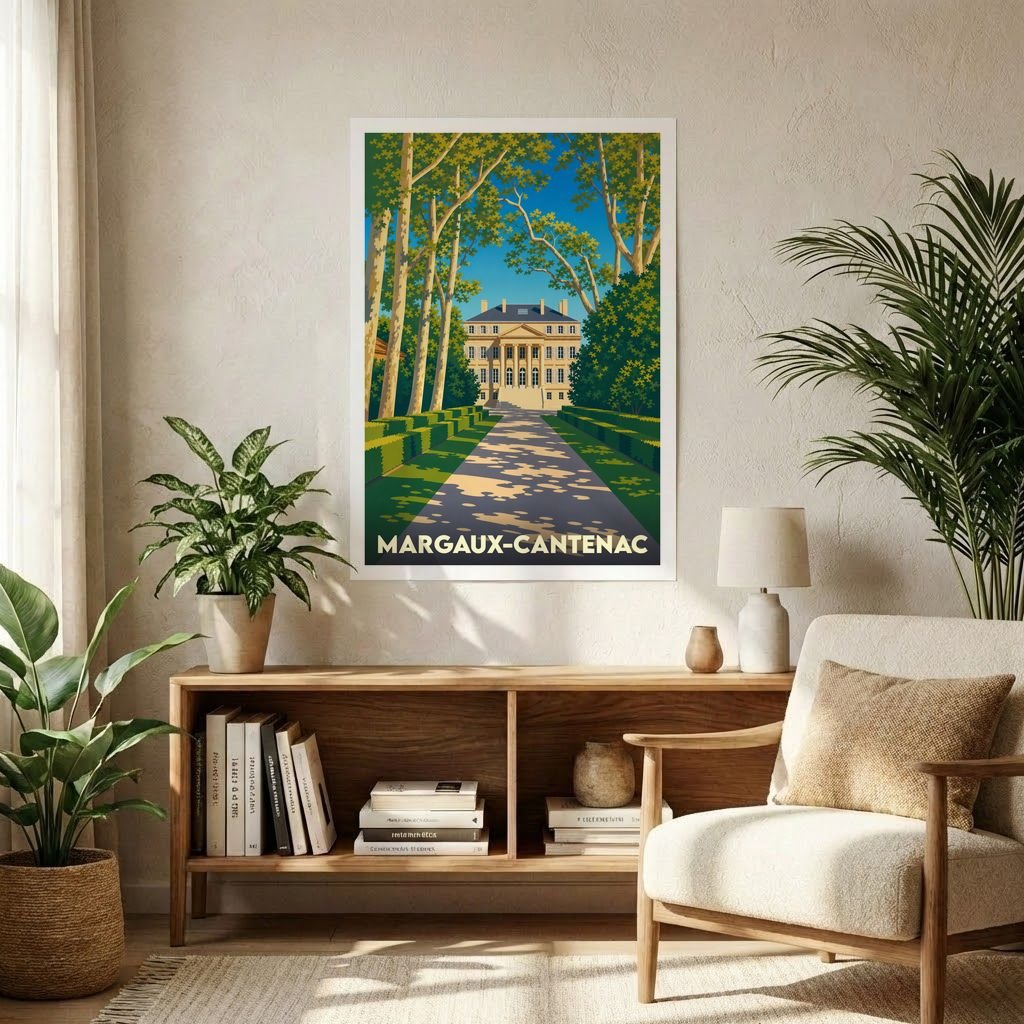 Affiche souvenir de la ville de Margaux-Cantenac avec une illustration stylisée d'un domaine viticole.