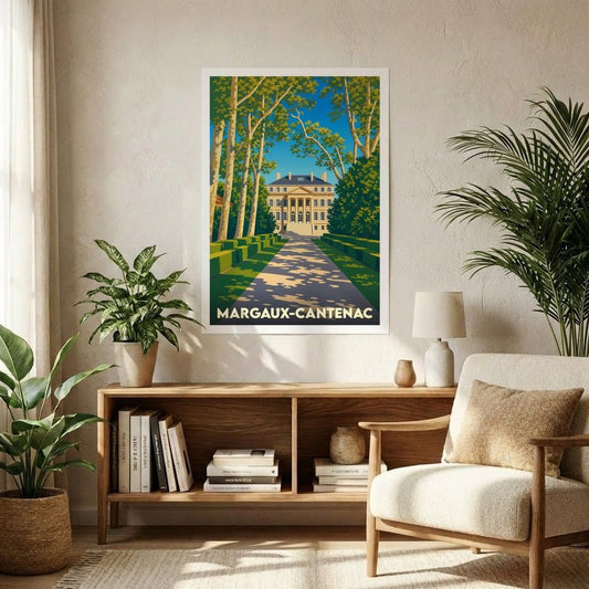 Affiche souvenir de la ville de Margaux-Cantenac avec une illustration stylisée d'un domaine viticole.