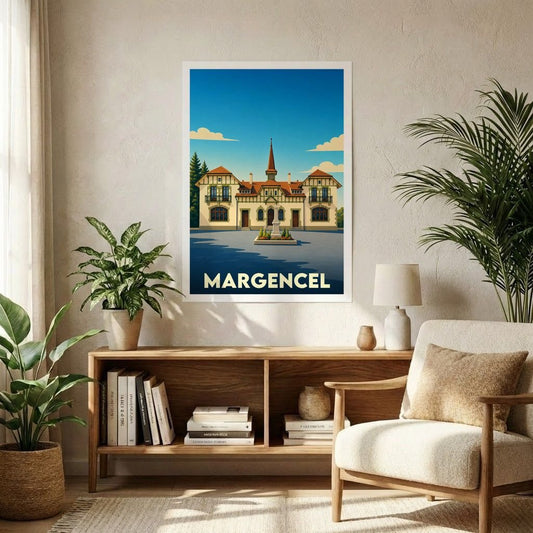 Affiche souvenir de la ville de Margencel avec une illustration stylisée de son hôtel de ville.
