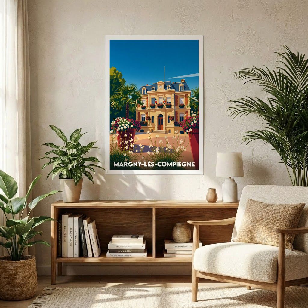 Affiche souvenir de la ville de Margny-lès-Compiègne présentant une illustration stylisée de son hôtel de ville fleuri.