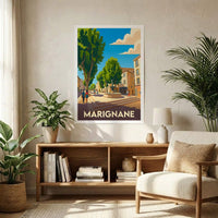 Affiche souvenir de la ville de Marignane avec une illustration stylisée.