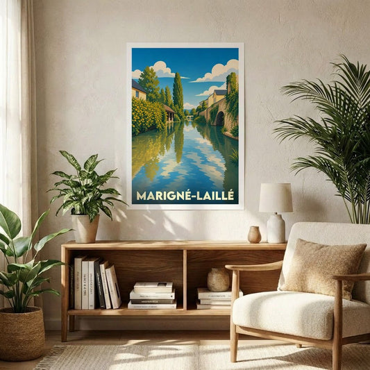 Affiche souvenir de la ville de Marigné-Laillé avec une illustration stylisée d'un canal bordé de maisons et de verdure.
