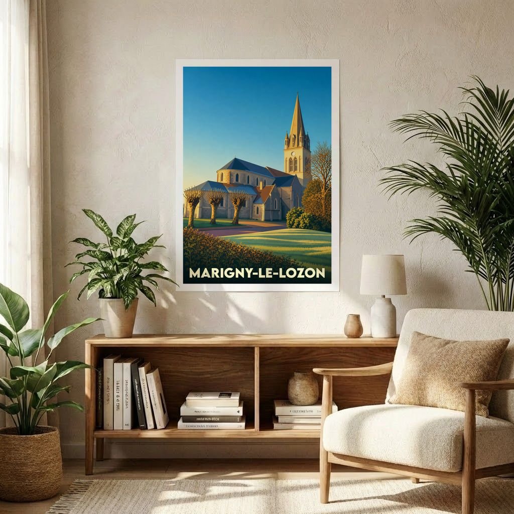 Affiche souvenir de la ville de Marigny-Le-Lozon présentant une illustration stylisée de son église sous une lumière dorée.