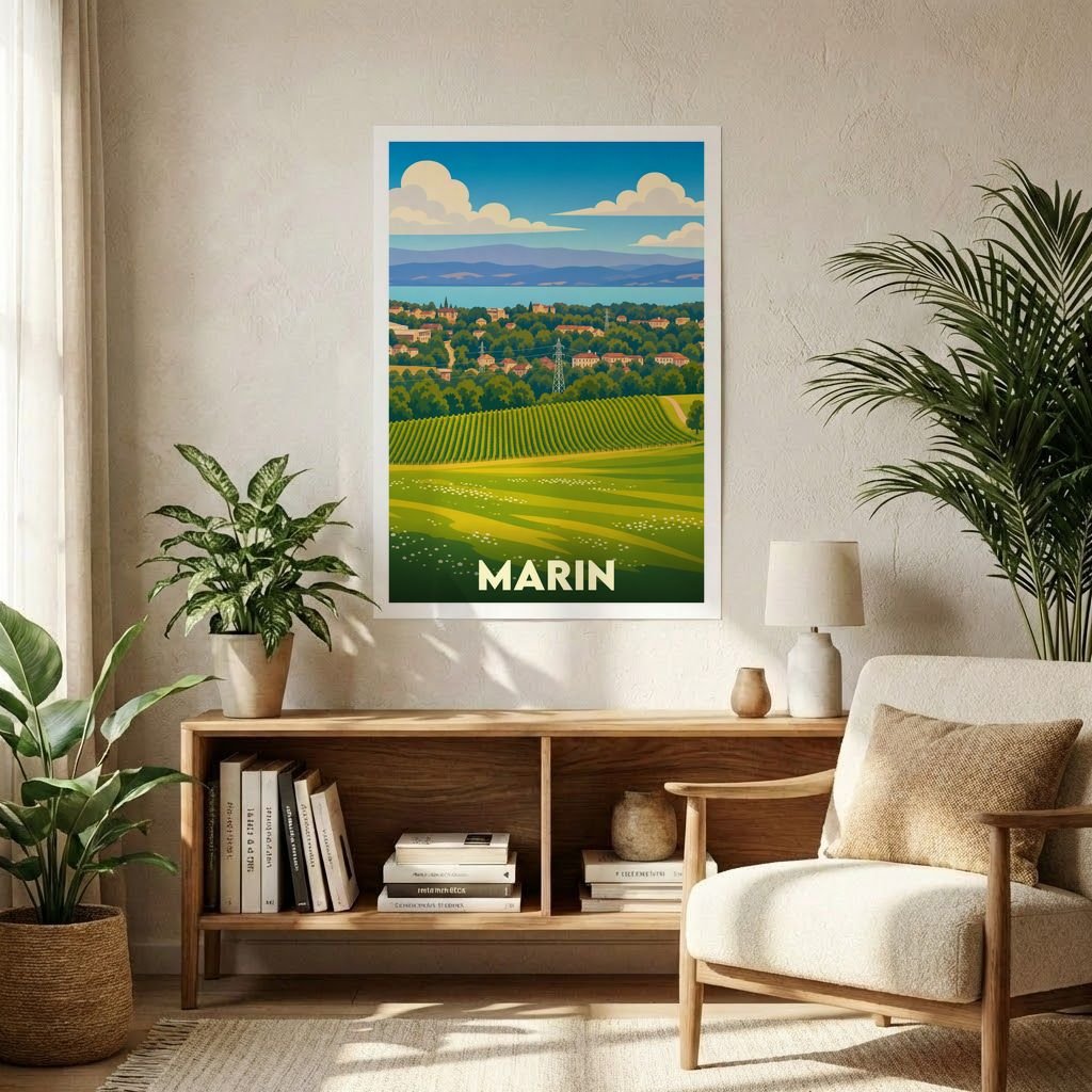 Affiche souvenir de la ville de Marin avec une illustration de paysage stylisée.