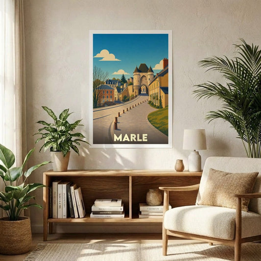 Affiche souvenir de la ville de Marle avec une illustration stylisée d'une rue historique menant à une porte fortifiée.