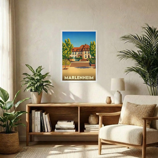Affiche souvenir de la ville de Marlenheim avec une illustration stylisée et colorée.