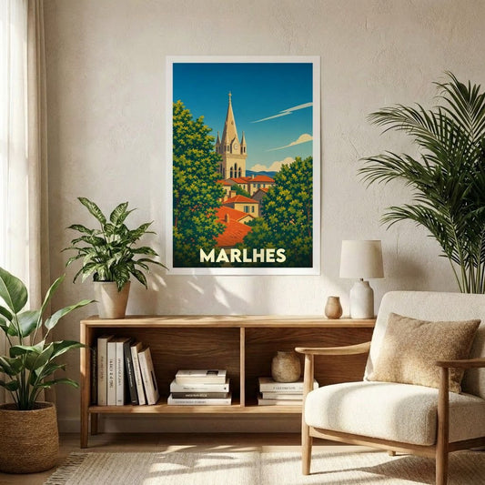 Affiche souvenir de la ville de Marlhes avec une illustration stylisée de son église et de ses toits.