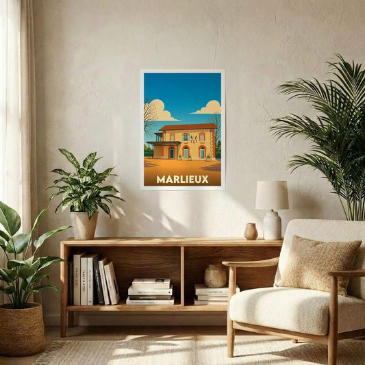 Affiche souvenir de la ville de Marlieux présentant une illustration stylisée de sa mairie.