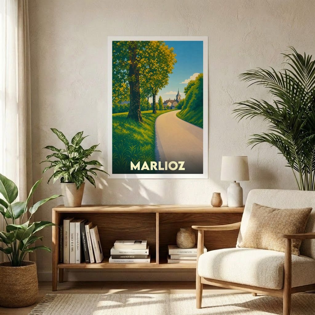 Affiche souvenir de la ville de Marlioz représentant un chemin de campagne ensoleillé dans un style graphique épuré.