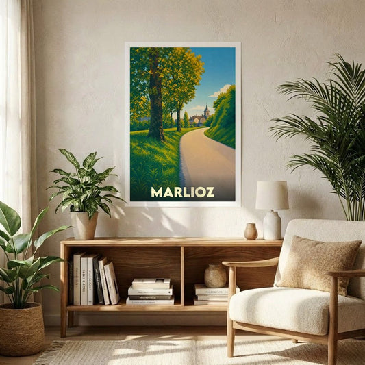 Affiche souvenir de la ville de Marlioz représentant un chemin de campagne ensoleillé dans un style graphique épuré.