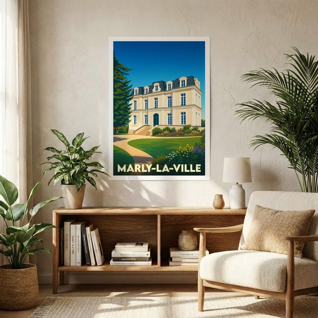 Affiche souvenir de la ville de Marly-la-Ville avec une illustration stylisée d'un château.