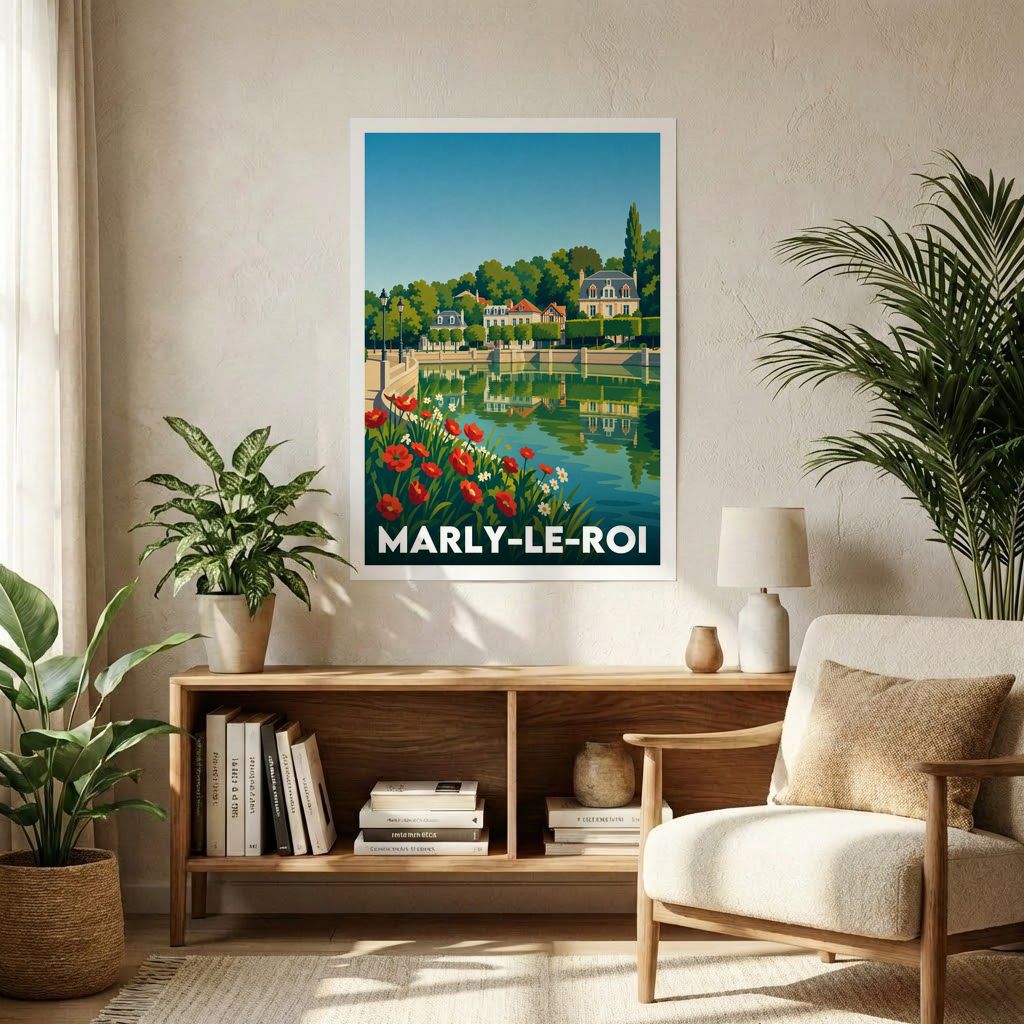 Affiche souvenir de la ville de Marly-le-Roi avec une illustration stylisée.