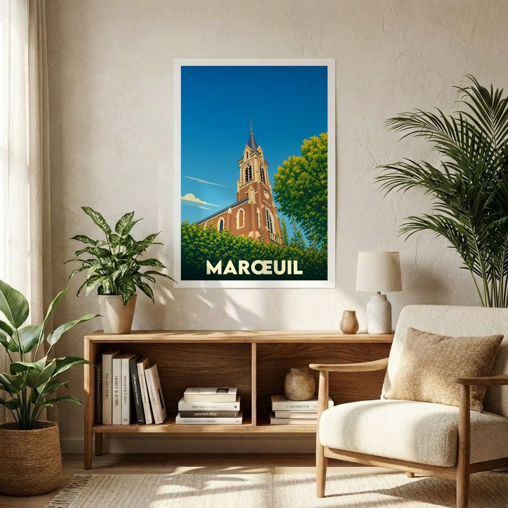 Affiche souvenir de la ville de Marœuil illustrant son église dans un style graphique épuré.