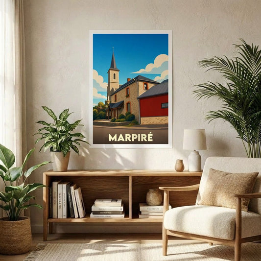 Affiche souvenir de la ville de Marpiré illustrant son église et ses bâtiments typiques dans un style rétro.