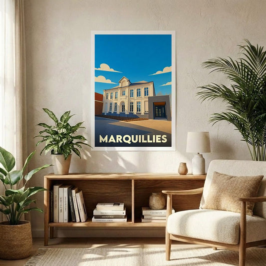 Affiche souvenir de la ville de Marquillies avec une illustration stylisée de l'hôtel de ville.