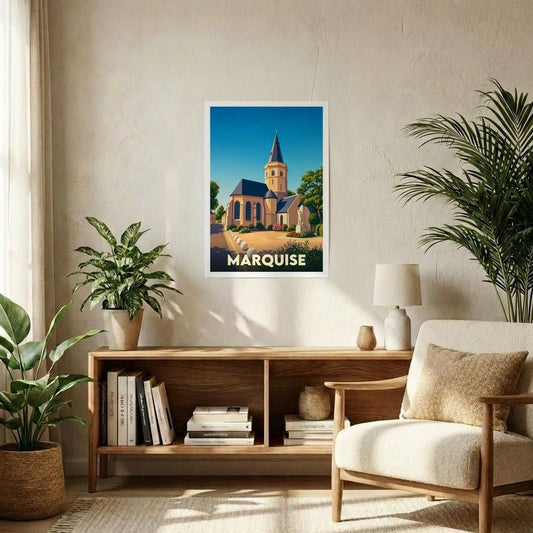 Affiche souvenir de la ville de Marquise représentant son église dans un style graphique épuré.