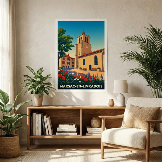 Affiche souvenir de la ville de Marsac-en-Livradois avec une illustration stylisée d'une église et de fleurs colorées.