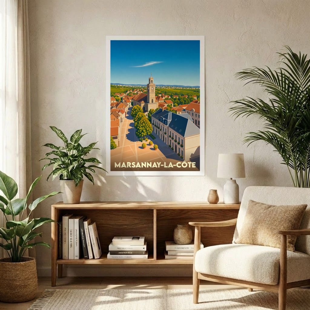 Affiche souvenir de la ville de Marsannay-la-Côte avec une illustration stylisée.
