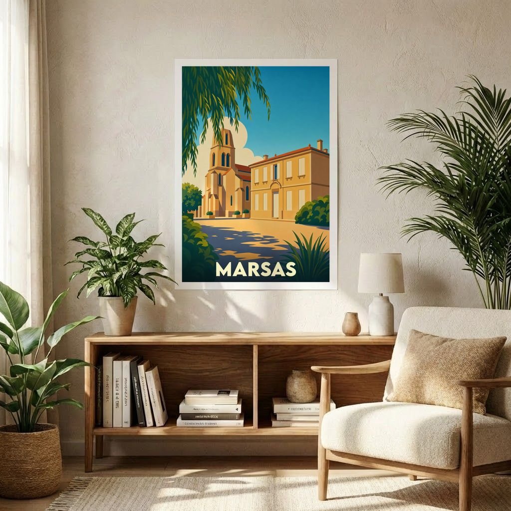 Affiche souvenir de la ville de Marsas illustrant son église et ses bâtiments dans un style rétro.