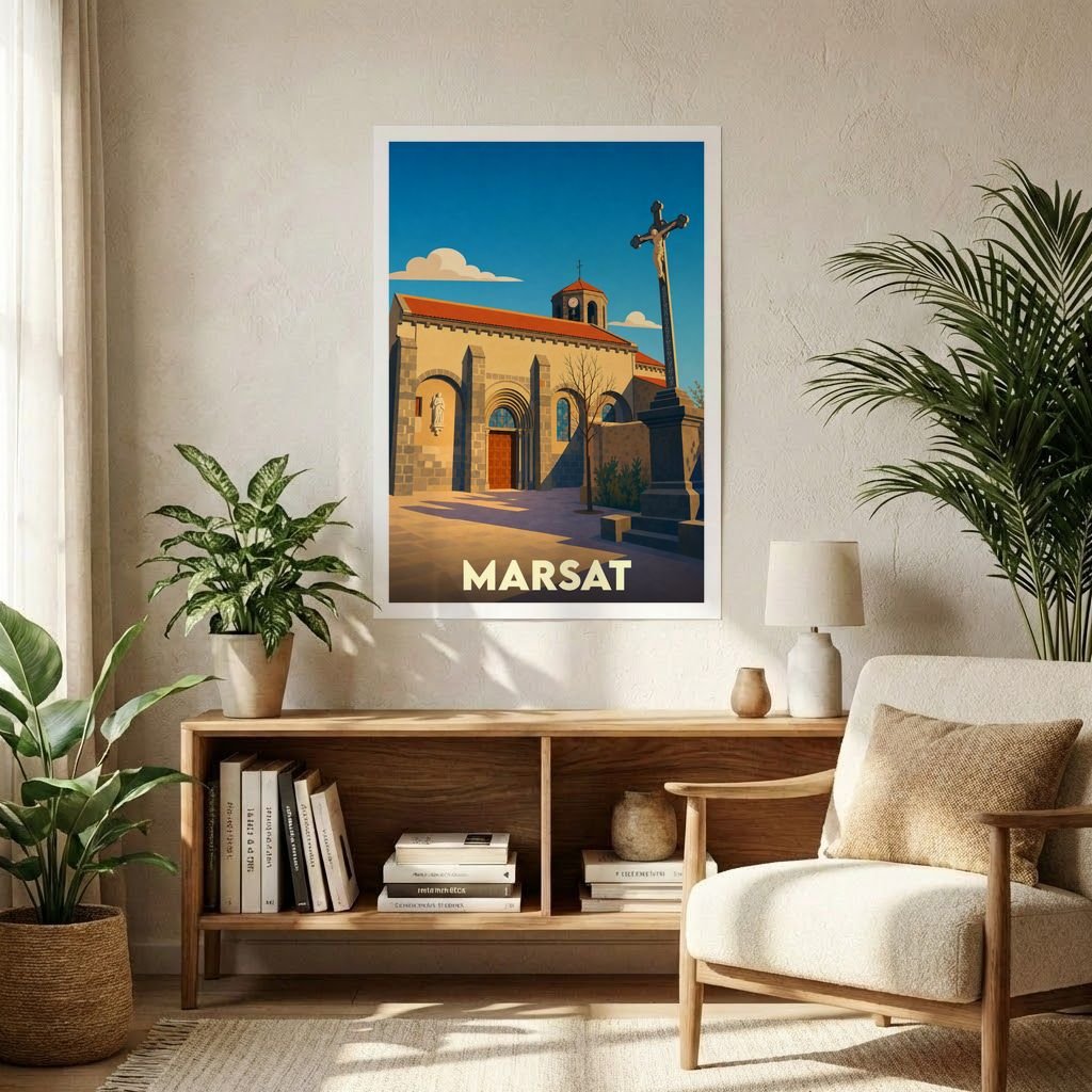 Affiche souvenir de la ville de Marsat présentant une illustration stylisée de son église et d'un calvaire sous un ciel bleu.
