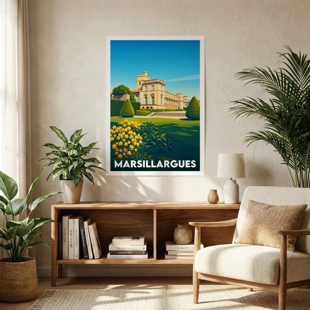 Affiche souvenir de la ville de Marsillargues représentant son château et ses jardins dans un style graphique épuré.