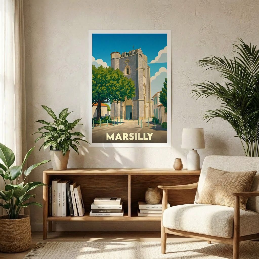 Affiche souvenir de la ville de Marsilly avec une illustration stylisée de son église fortifiée.