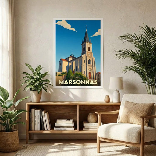 Affiche souvenir de la ville de Marsonnas représentant son église dans un style graphique épuré.