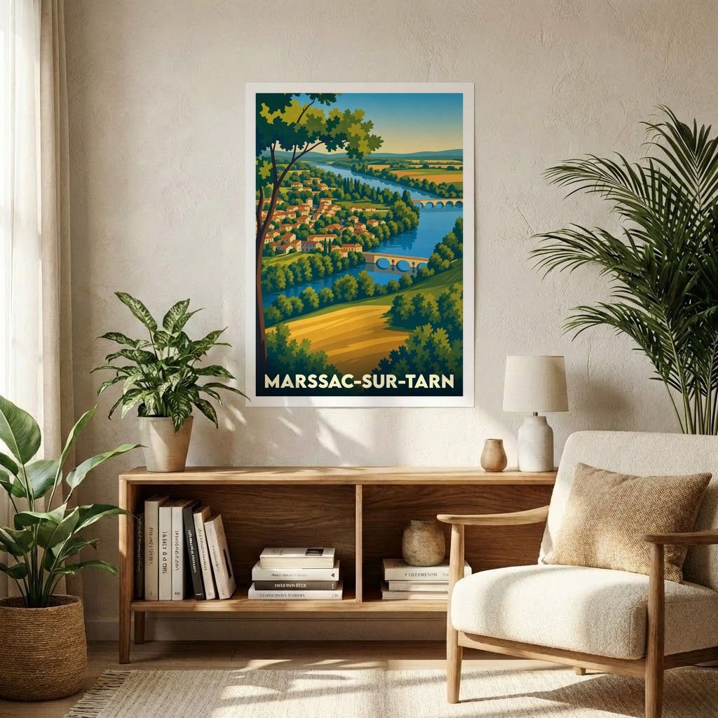 Affiche souvenir de Marssac-sur-Tarn présentant une vue aérienne stylisée de la rivière et du village.