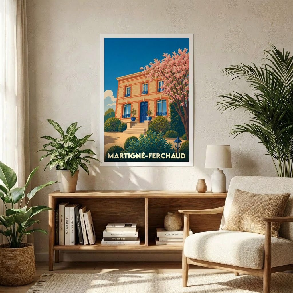 Affiche souvenir de la ville de Martigné-Ferchaud avec une illustration stylisée d'une bâtisse fleurie.