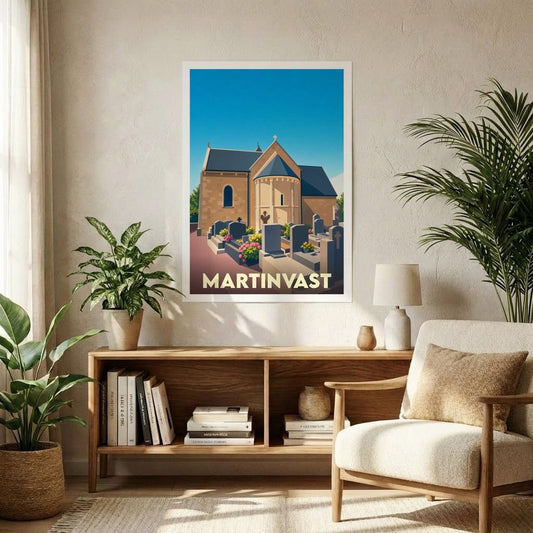 Affiche souvenir de la ville de Martinvast avec une illustration stylisée de son église et de son cimetière.