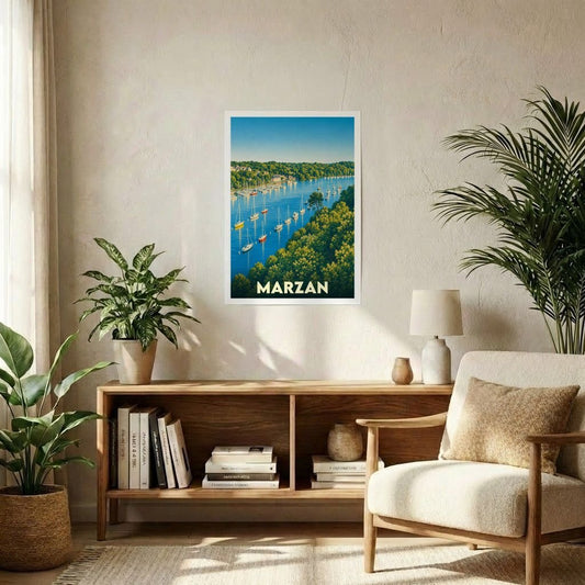 Affiche souvenir de la ville de Marzan représentant un paysage fluvial avec des bateaux au milieu de collines boisées.