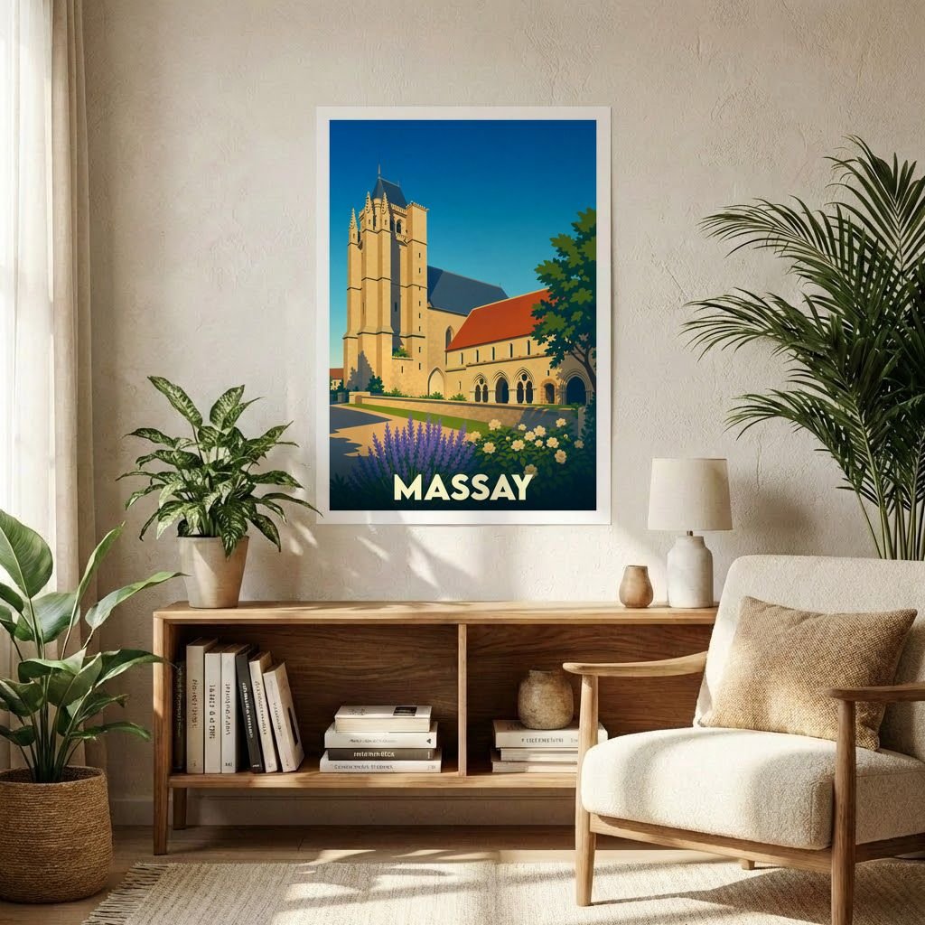 Affiche souvenir de la ville de Massay avec une illustration stylisée de son église abbatiale.