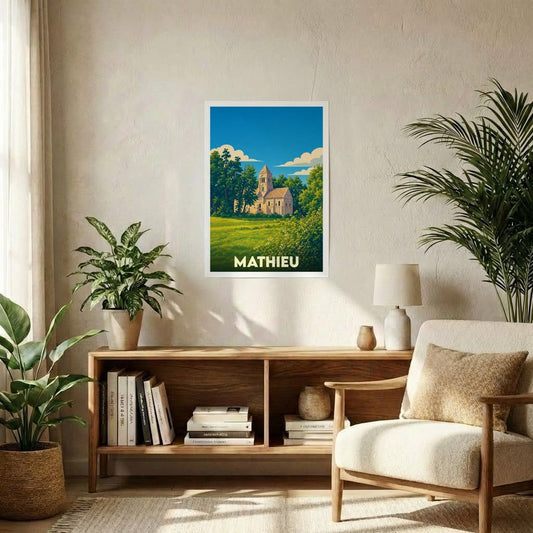 Affiche souvenir de la ville de Mathieu avec une illustration stylisée de son église et de sa nature environnante.
