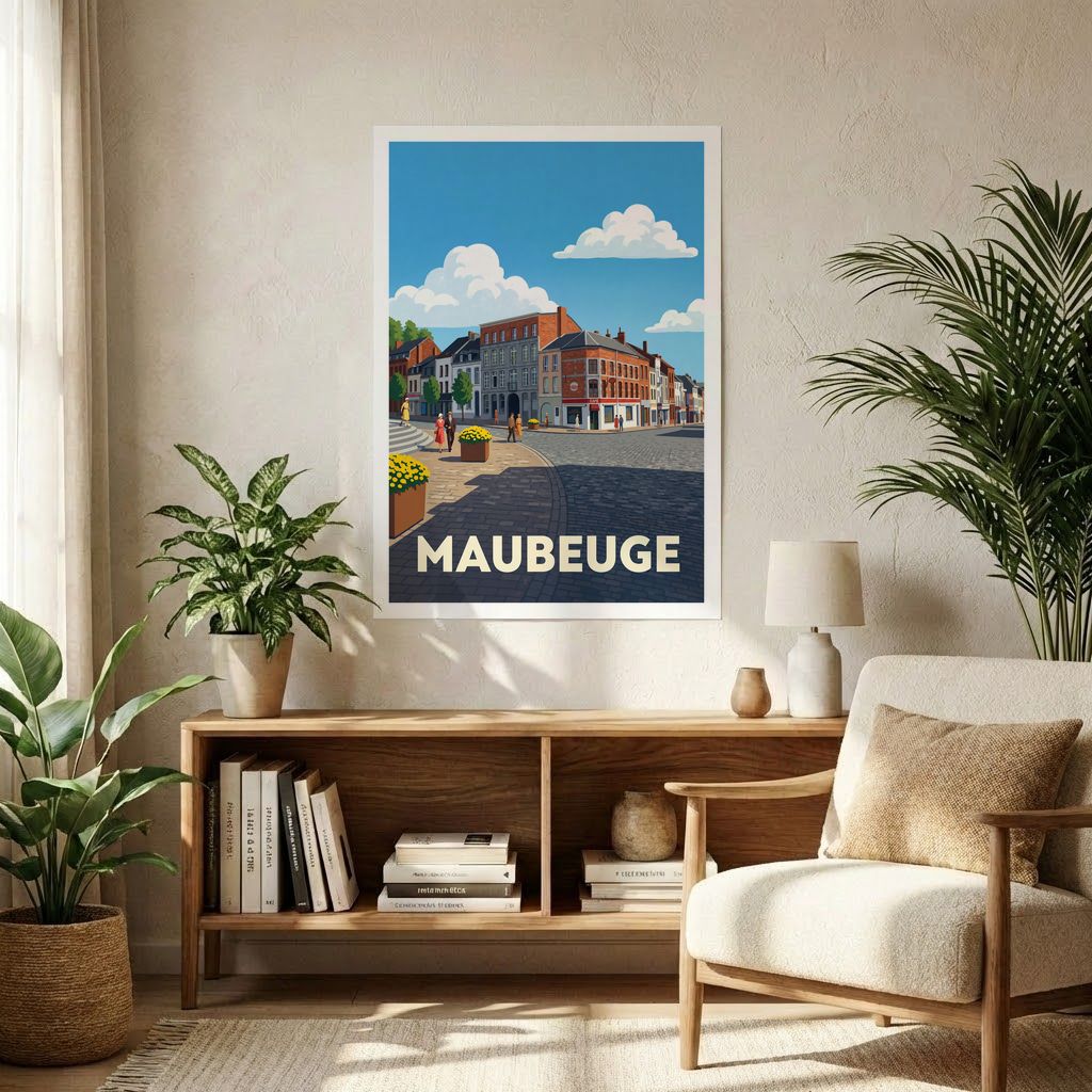 Affiche souvenir de la ville de Maubeuge avec une illustration stylisée.